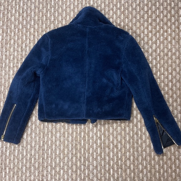 True Religion Faux Fur Moto Jacket S Dark Navy Blue Gold Women’s Sz XS NWOT - Picture 7 of 11